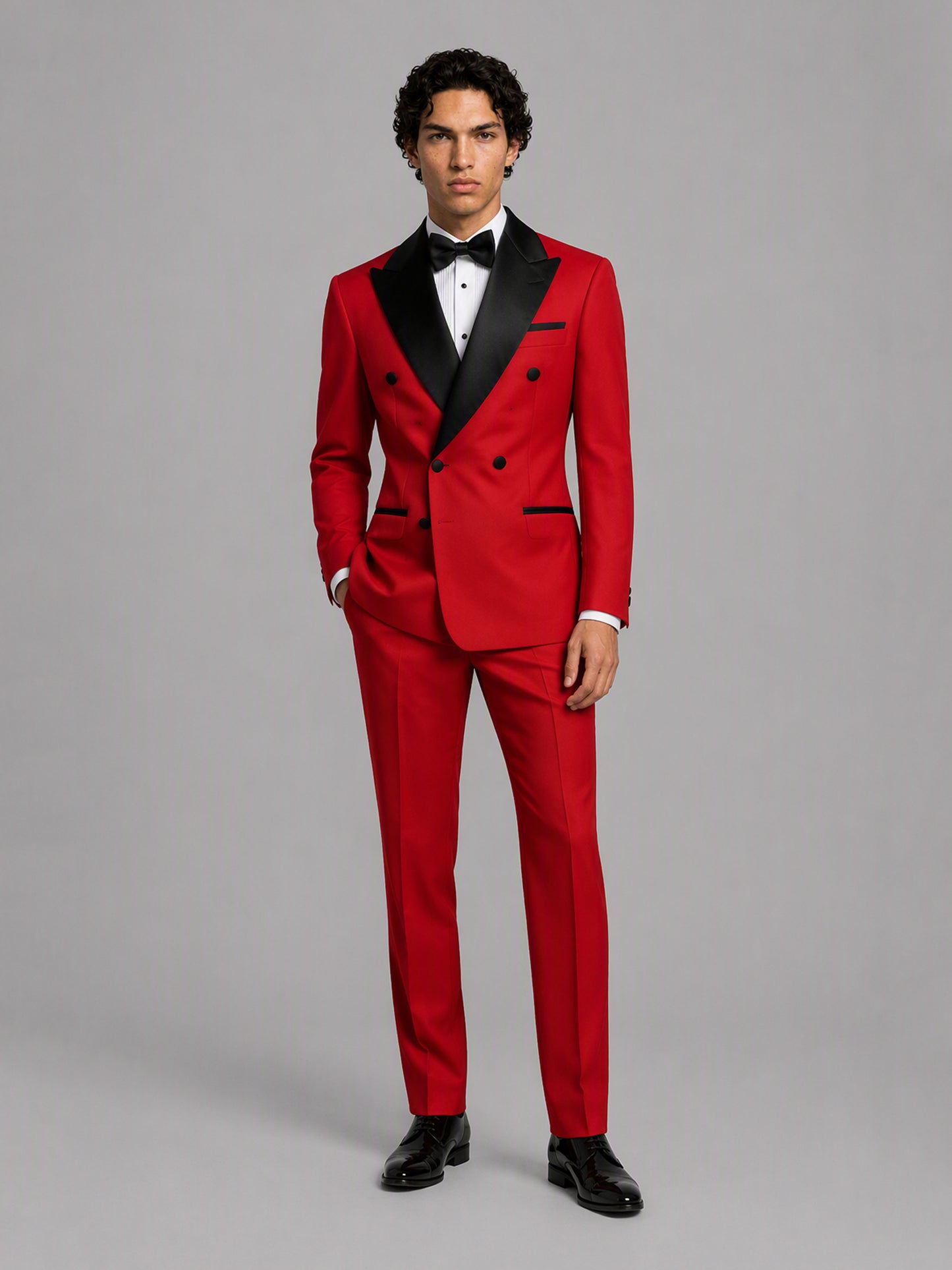 Savile GA0171 Men's Red Double-Breasted Black Satin Peak Lapel Tuxedo – Front Full Body Walking Pose with Black Oxford Shoes