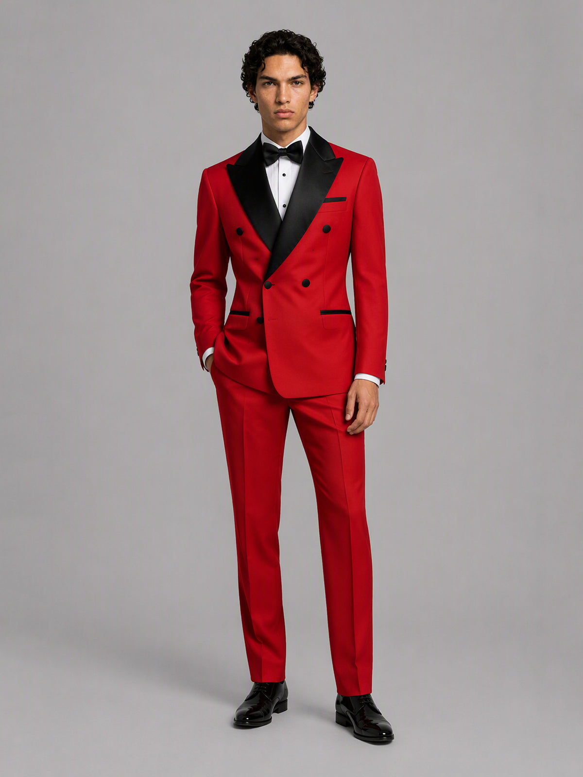 Savile GA0171 Men's Red Double-Breasted Black Satin Peak Lapel Tuxedo – Front Full Body Walking Pose with Black Oxford Shoes