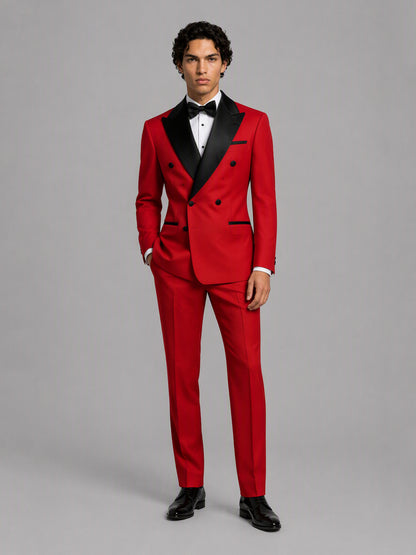 Savile GA0171 Men's Red Double-Breasted Black Satin Peak Lapel Tuxedo – Front Full Body Walking Pose with Black Oxford Shoes