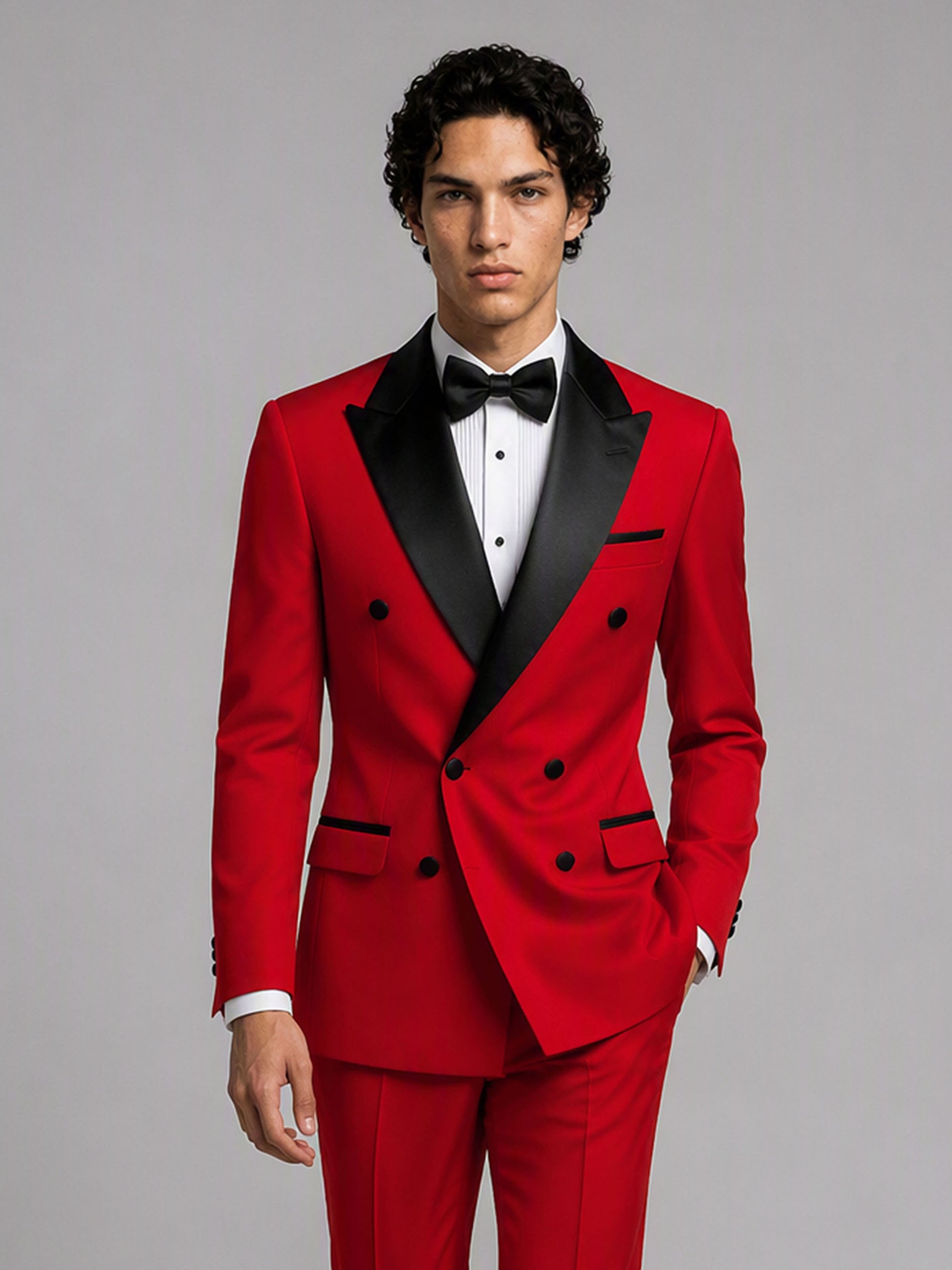 Savile GA0171 Men's Red Double-Breasted Black Satin Peak Lapel Tuxedo – Front Full Body View Hands in Pockets with Black Oxford Shoes