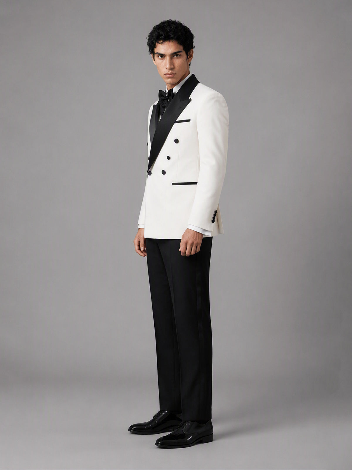 Savile GA0171 Men's Ivory White Double-Breasted Black Satin Peak Lapel Tuxedo – Front Full Body View with Black Bow Tie & Black Oxford Shoes