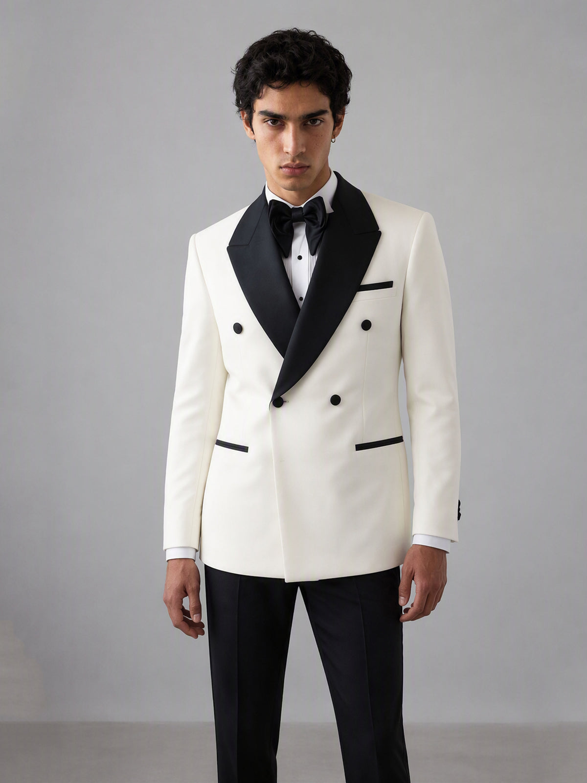 Savile GA0171 Men's Ivory White Double-Breasted Black Satin Peak Lapel Tuxedo – Front Close-Up with Black Satin Peak Lapel & Bow Tie Detail