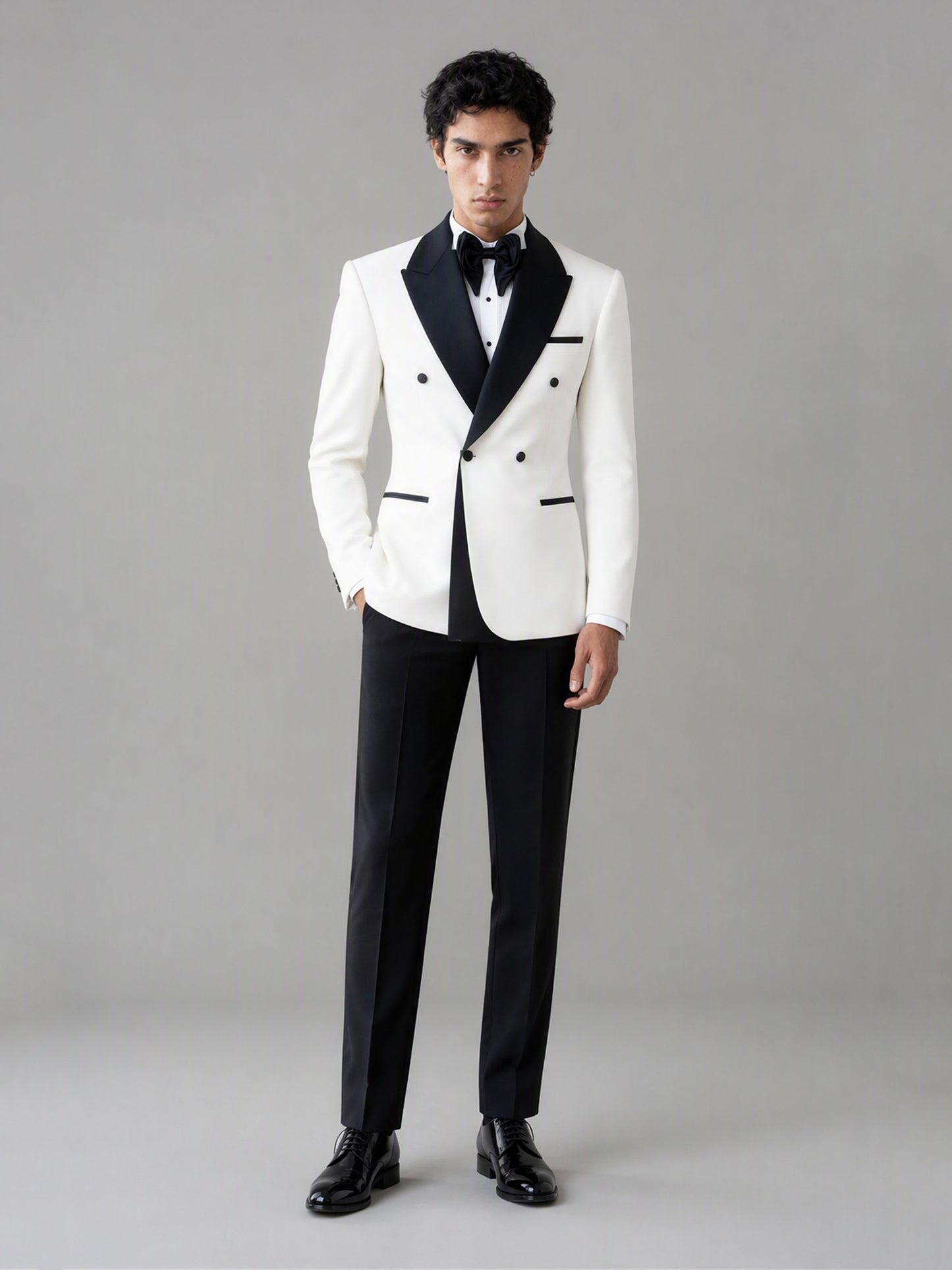 Savile GA0171 Men's Ivory White Double-Breasted Black Satin Peak Lapel Tuxedo – Side Profile View with Black Oxford Shoes