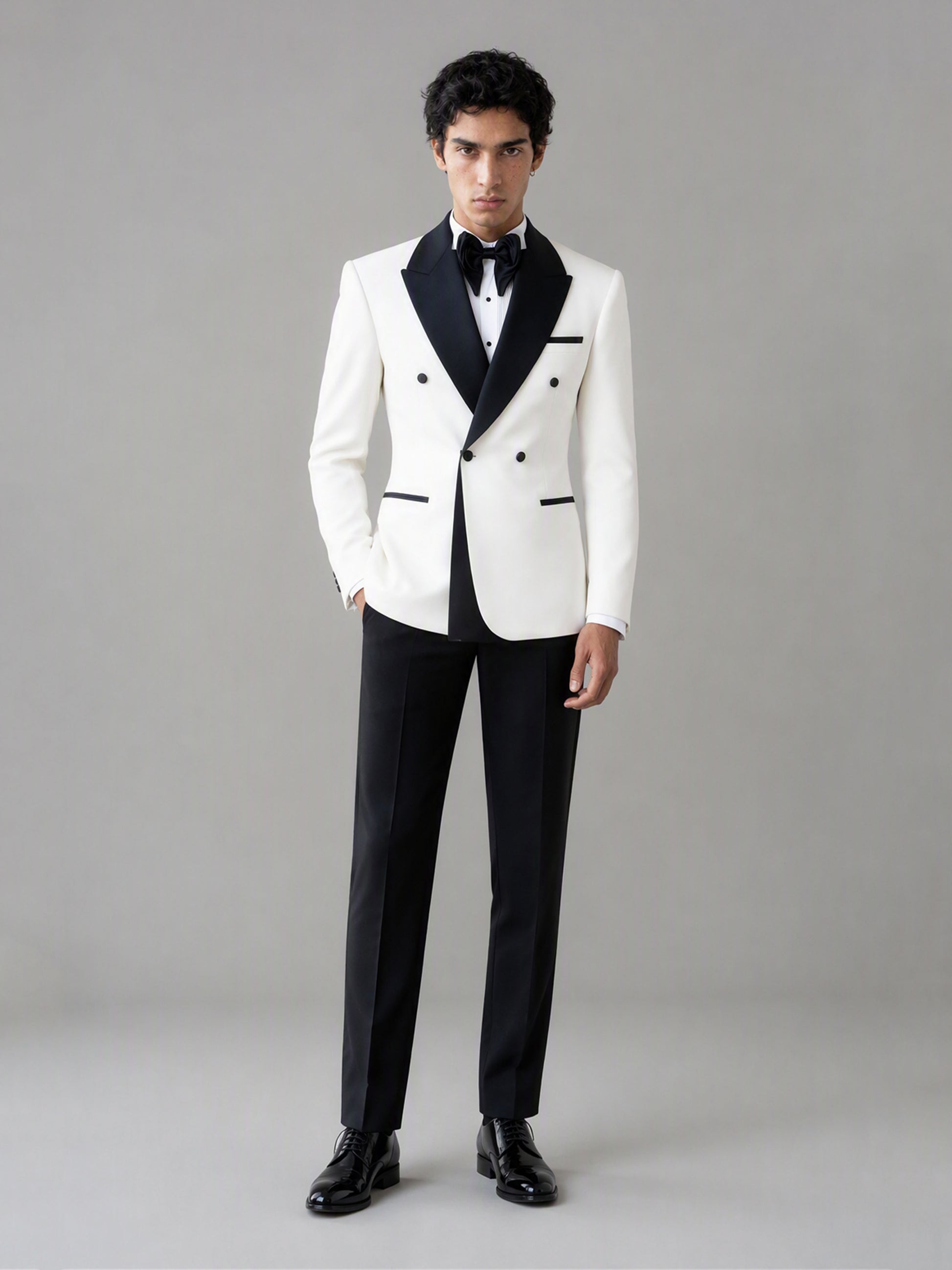 Savile GA0171 Men's Ivory White Double-Breasted Black Satin Peak Lapel Tuxedo – Side Profile View with Black Oxford Shoes