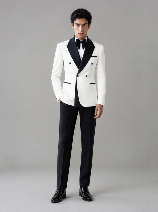 Savile GA0171 Men's Ivory White Double-Breasted Black Satin Peak Lapel Tuxedo – Side Profile View with Black Oxford Shoes