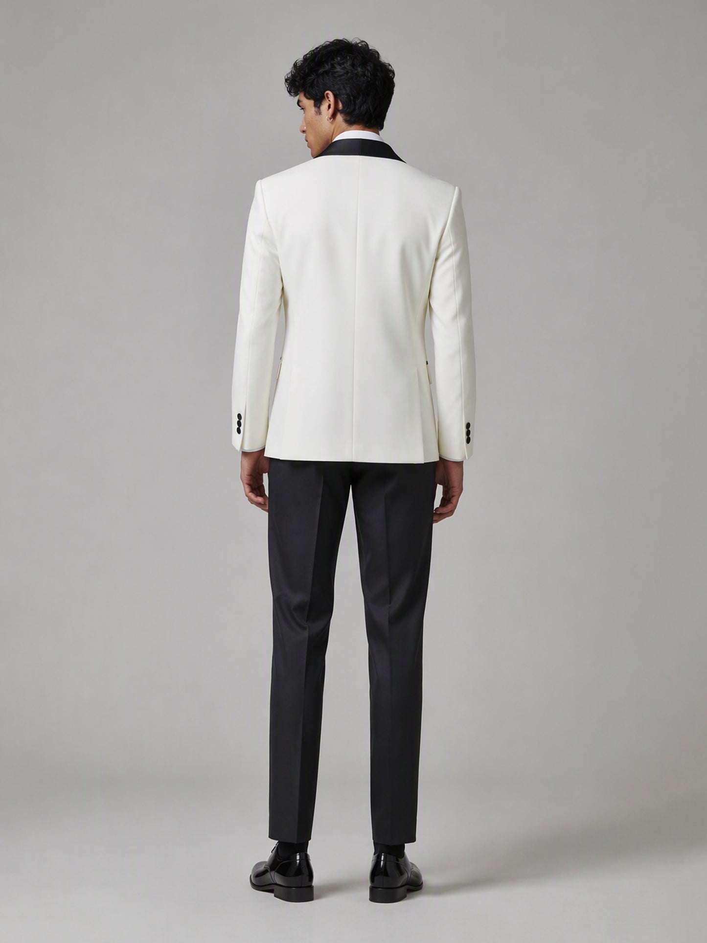 Savile GA0171 Men's Ivory White Double-Breasted Black Satin Peak Lapel Tuxedo – Front Full Body View Hands at Sides with Black Oxford Shoes