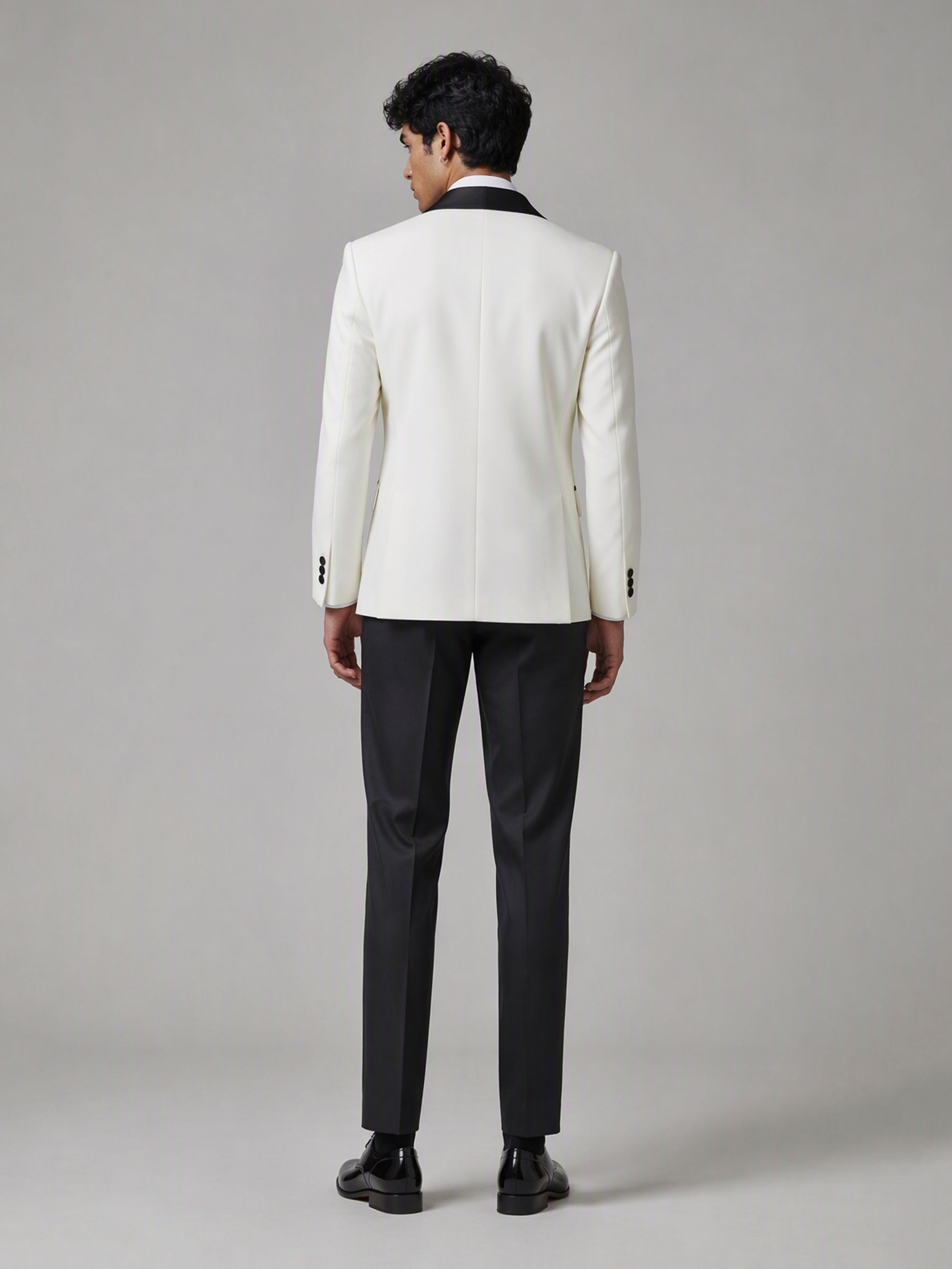 Savile GA0171 Men's Ivory White Double-Breasted Black Satin Peak Lapel Tuxedo – Front Full Body View Hands at Sides with Black Oxford Shoes