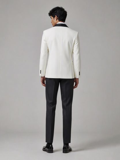 Savile GA0171 Men's Ivory White Double-Breasted Black Satin Peak Lapel Tuxedo – Front Full Body View Hands at Sides with Black Oxford Shoes