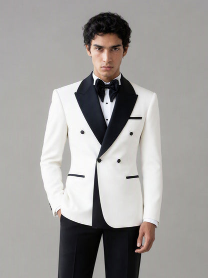 Savile GA0171 Men's Ivory White Double-Breasted Black Satin Peak Lapel Tuxedo – Back View with Black Oxford Shoes
