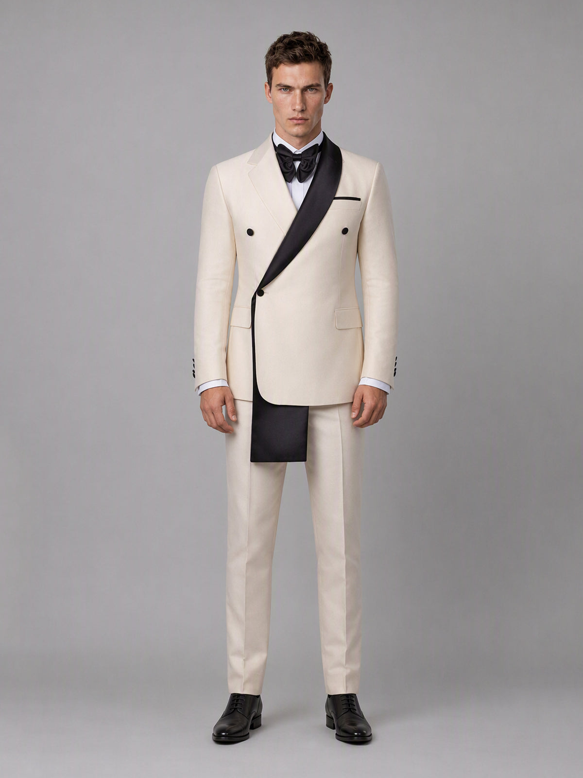 Savile GA0172 Men's Beige Double-Breasted Black Satin Shawl Lapel Tuxedo – Front Close-Up with Black Bow Tie & Cascading Shawl Lapel Detail
