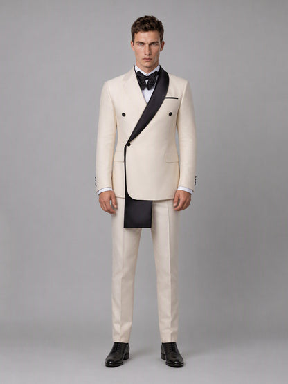Savile GA0172 Men's Beige Double-Breasted Black Satin Shawl Lapel Tuxedo – Front Close-Up with Black Bow Tie & Cascading Shawl Lapel Detail