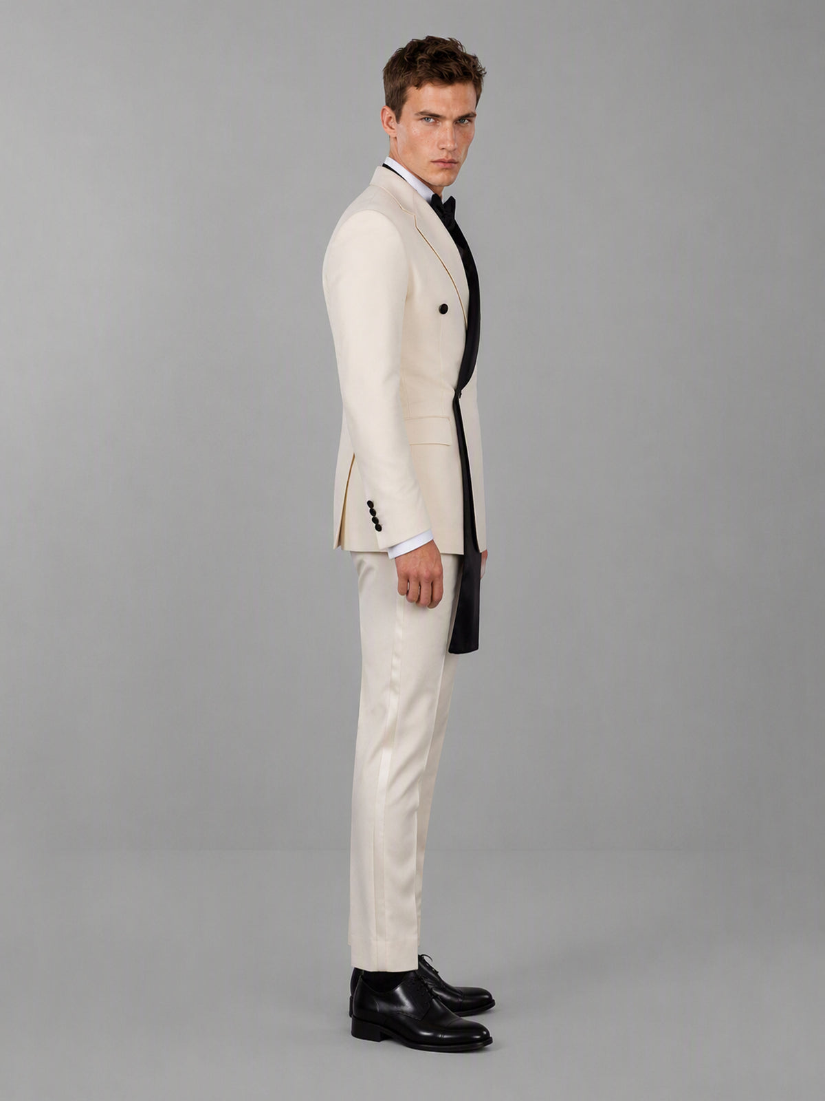 Savile GA0172 Men's Beige Double-Breasted Black Satin Shawl Lapel Tuxedo – Back View with Black Oxford Shoes