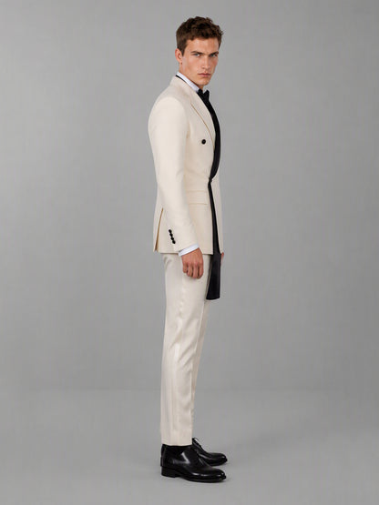 Savile GA0172 Men's Beige Double-Breasted Black Satin Shawl Lapel Tuxedo – Back View with Black Oxford Shoes