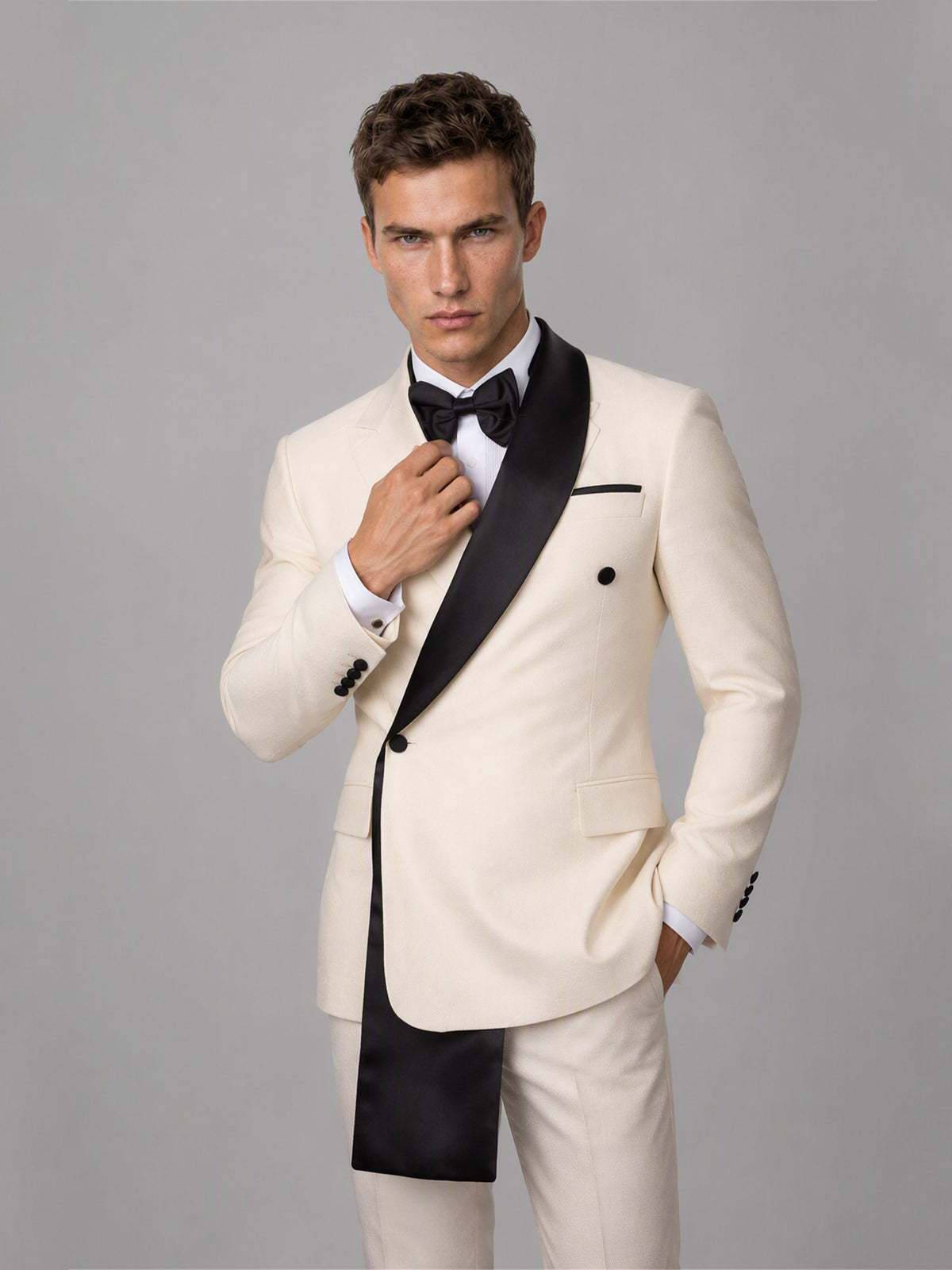 Savile GA0172 Men's Beige Double-Breasted Black Satin Shawl Lapel Tuxedo – Side Profile View with Black Oxford Shoes