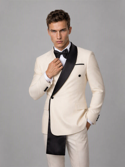 Savile GA0172 Men's Beige Double-Breasted Black Satin Shawl Lapel Tuxedo – Side Profile View with Black Oxford Shoes