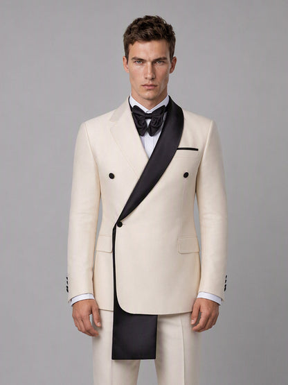 Savile GA0172 Men's Beige Double-Breasted Black Satin Shawl Lapel Tuxedo – Front 3/4 View Adjusting Bow Tie with Black Oxford Shoes