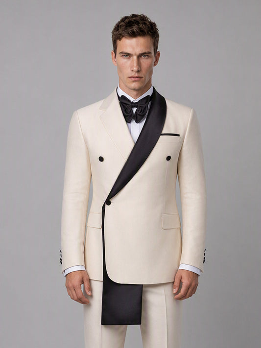 Savile GA0172 Men's Beige Double-Breasted Black Satin Shawl Lapel Tuxedo – Front 3/4 View Adjusting Bow Tie with Black Oxford Shoes