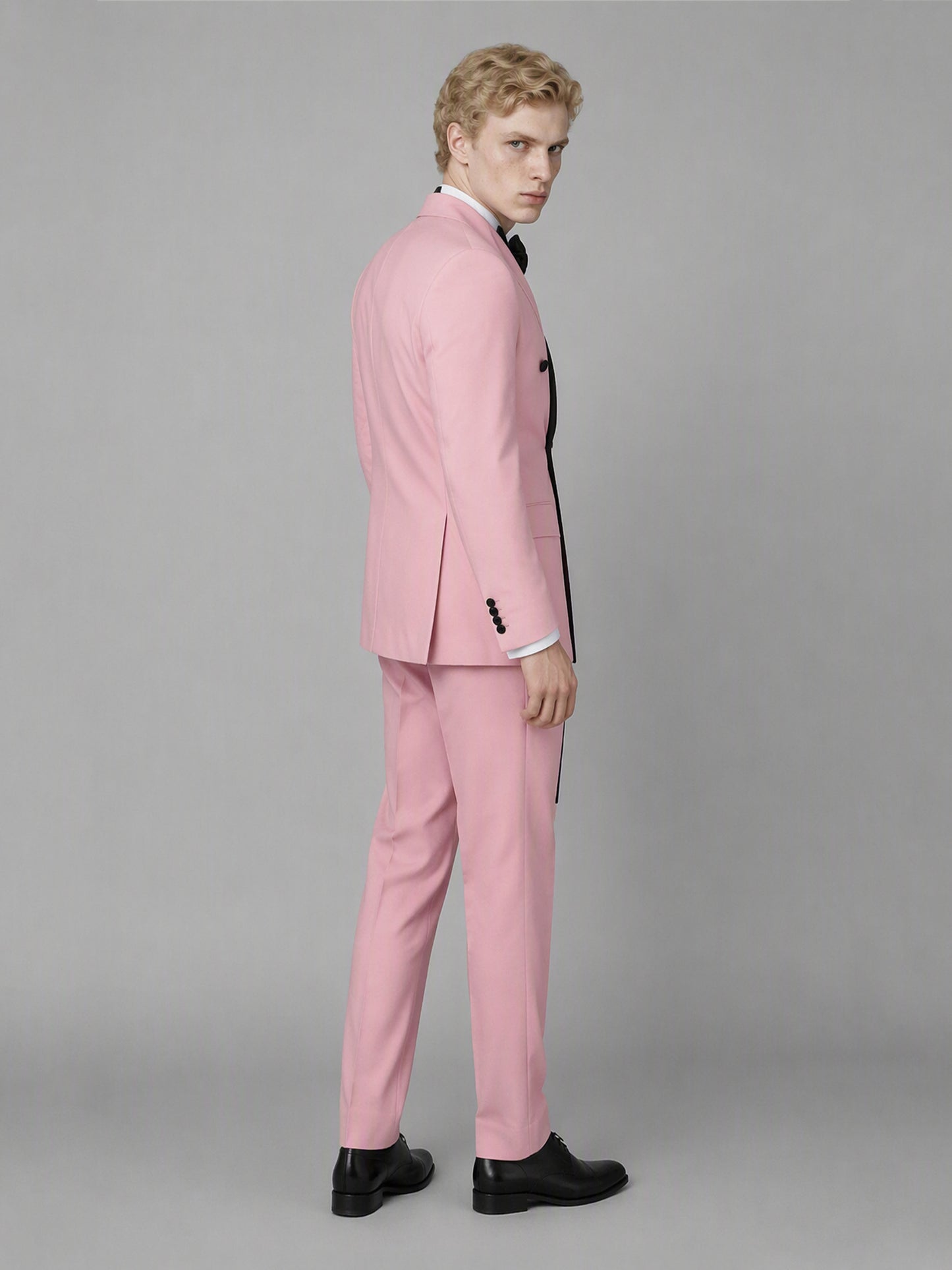 Savile GA0172 Men's Pink Double-Breasted Black Satin Shawl Lapel Tuxedo – Front Close-Up with Black Bow Tie & Cascading Shawl Lapel Detail