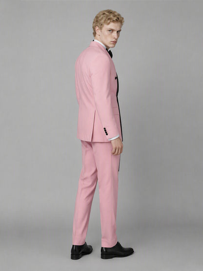 Savile GA0172 Men's Pink Double-Breasted Black Satin Shawl Lapel Tuxedo – Front Close-Up with Black Bow Tie & Cascading Shawl Lapel Detail