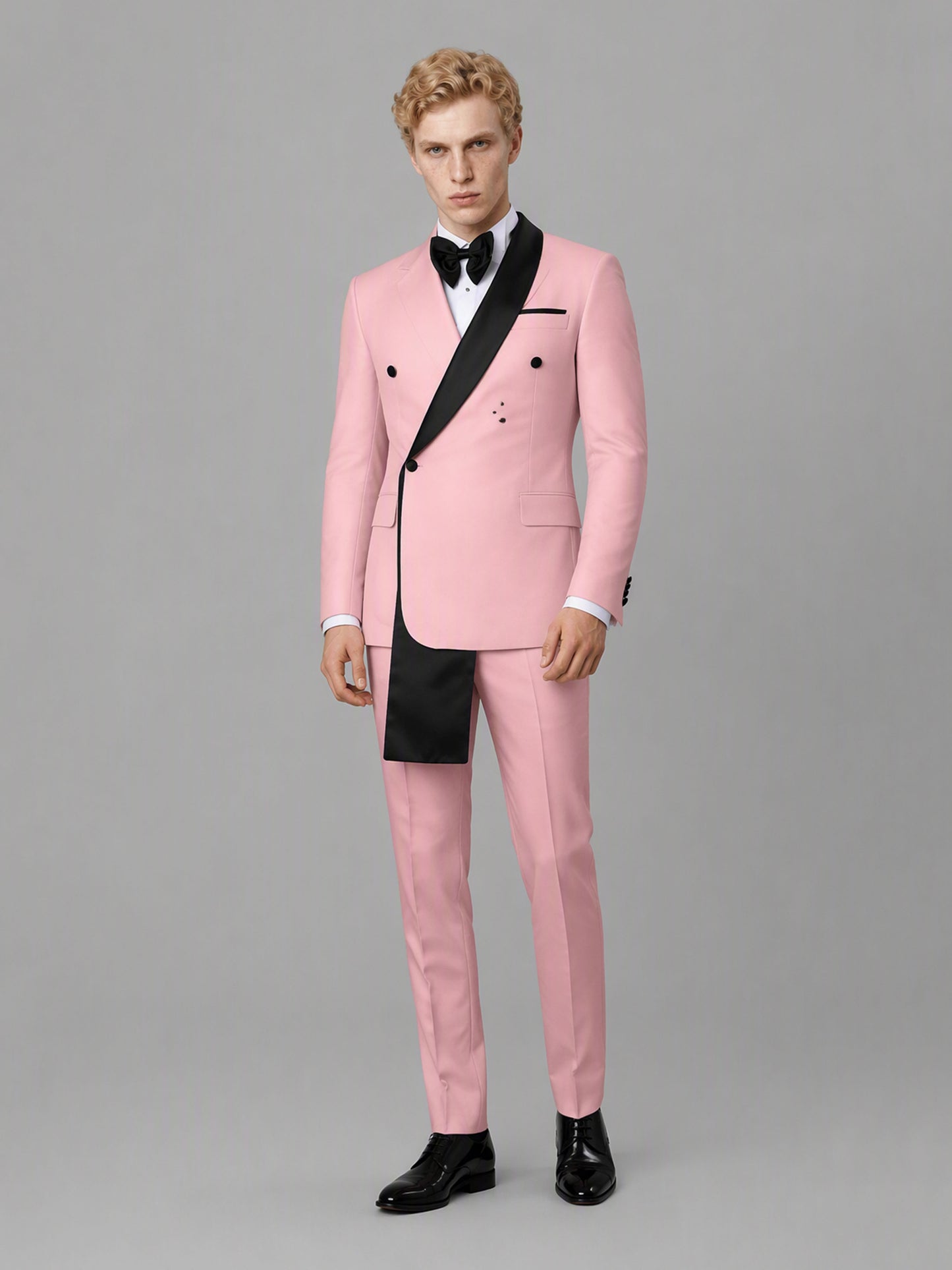 Savile GA0172 Men's Pink Double-Breasted Black Satin Shawl Lapel Tuxedo – Side Profile View with Black Oxford Shoes