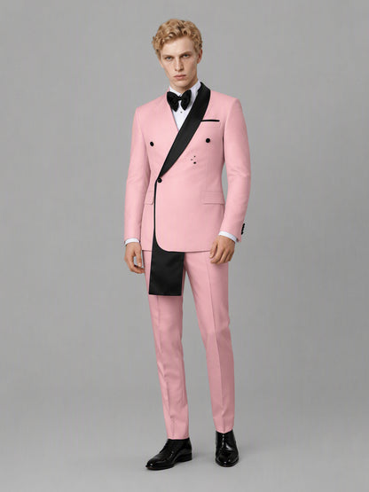 Savile GA0172 Men's Pink Double-Breasted Black Satin Shawl Lapel Tuxedo – Side Profile View with Black Oxford Shoes