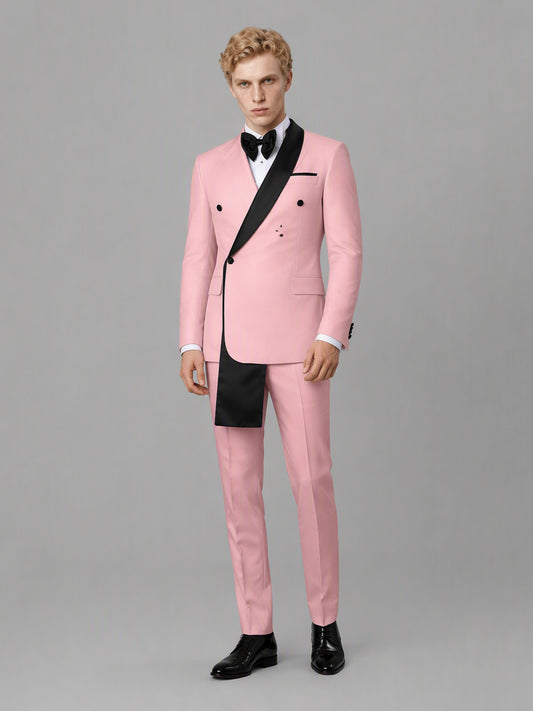 Savile GA0172 Men's Pink Double-Breasted Black Satin Shawl Lapel Tuxedo – Side Profile View with Black Oxford Shoes