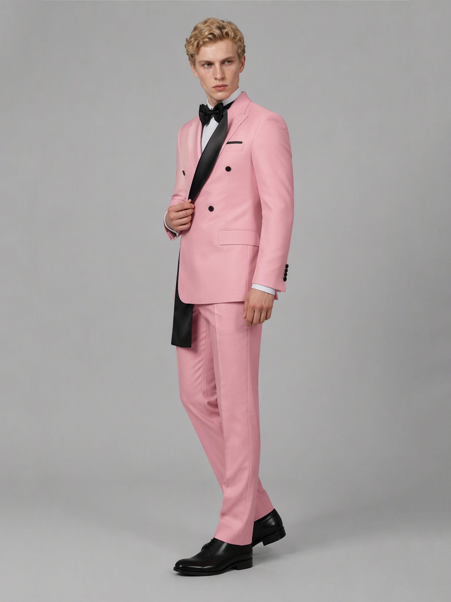 Savile GA0172 Men's Pink Double-Breasted Black Satin Shawl Lapel Tuxedo – Front Full Body View Adjusting Lapel with Black Oxford Shoes