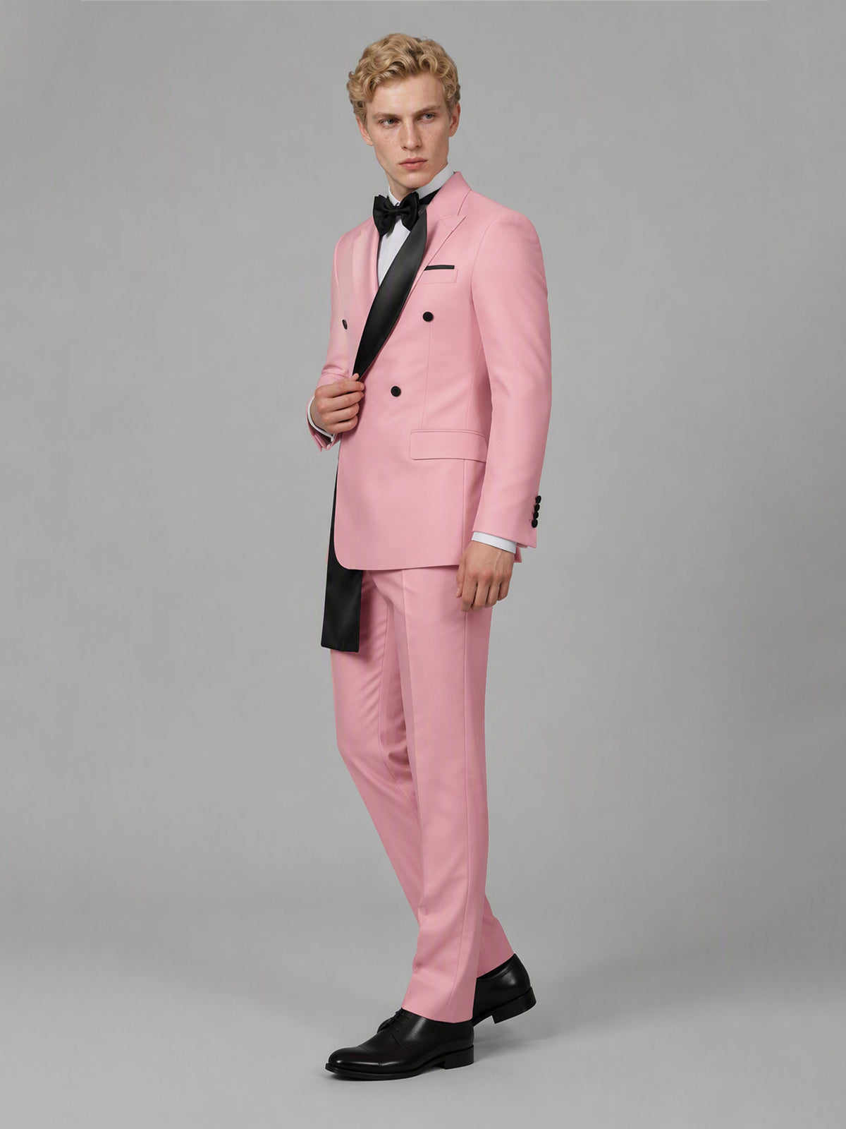 Savile GA0172 Men's Pink Double-Breasted Black Satin Shawl Lapel Tuxedo – Front Full Body View Adjusting Lapel with Black Oxford Shoes