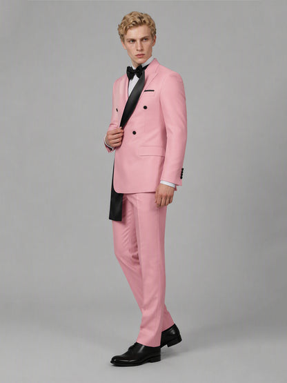 Savile GA0172 Men's Pink Double-Breasted Black Satin Shawl Lapel Tuxedo – Front Full Body View Adjusting Lapel with Black Oxford Shoes