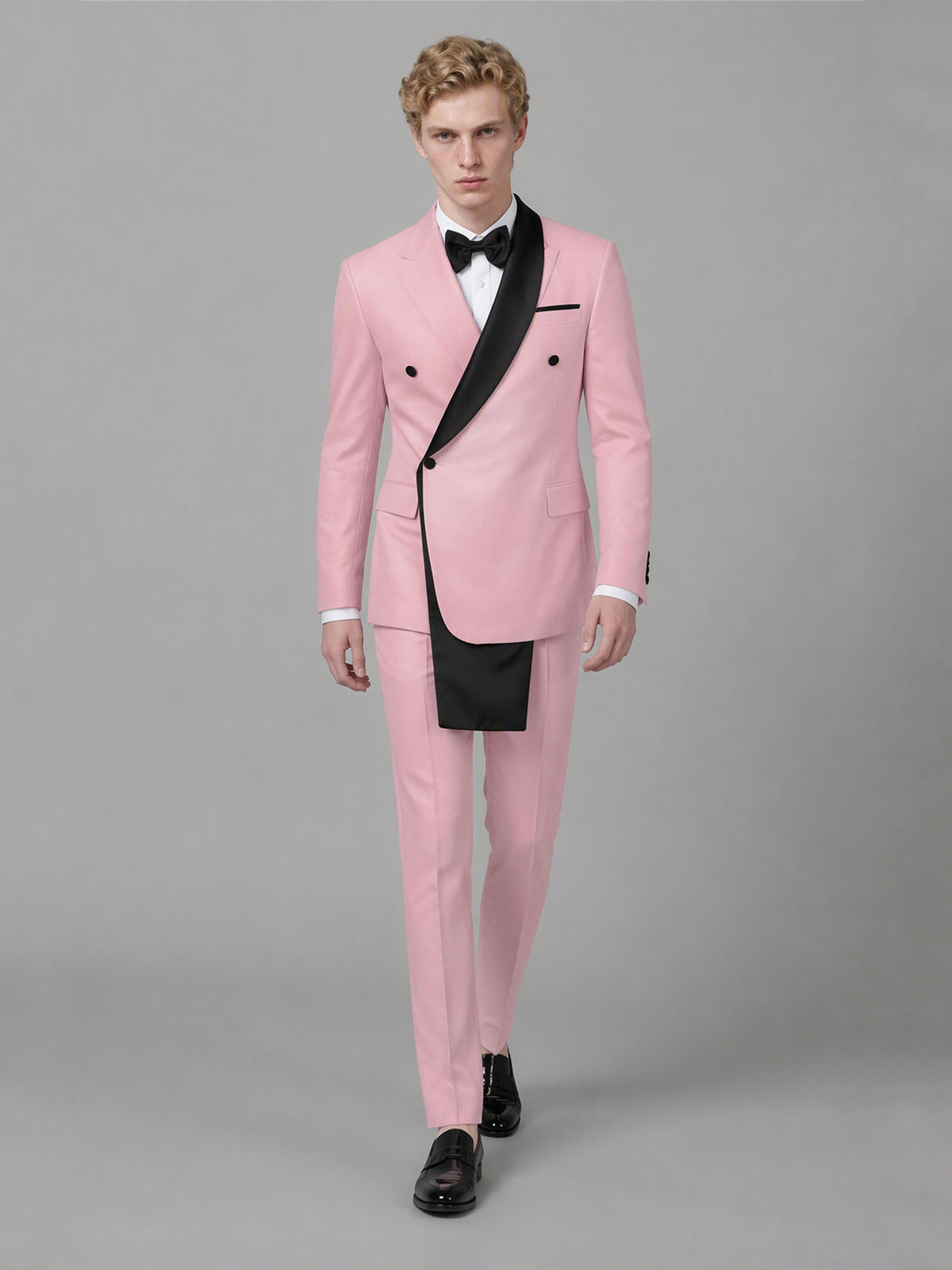 Savile GA0172 Men's Pink Double-Breasted Black Satin Shawl Lapel Tuxedo – Front Full Body View Hands at Sides with Black Oxford Shoes