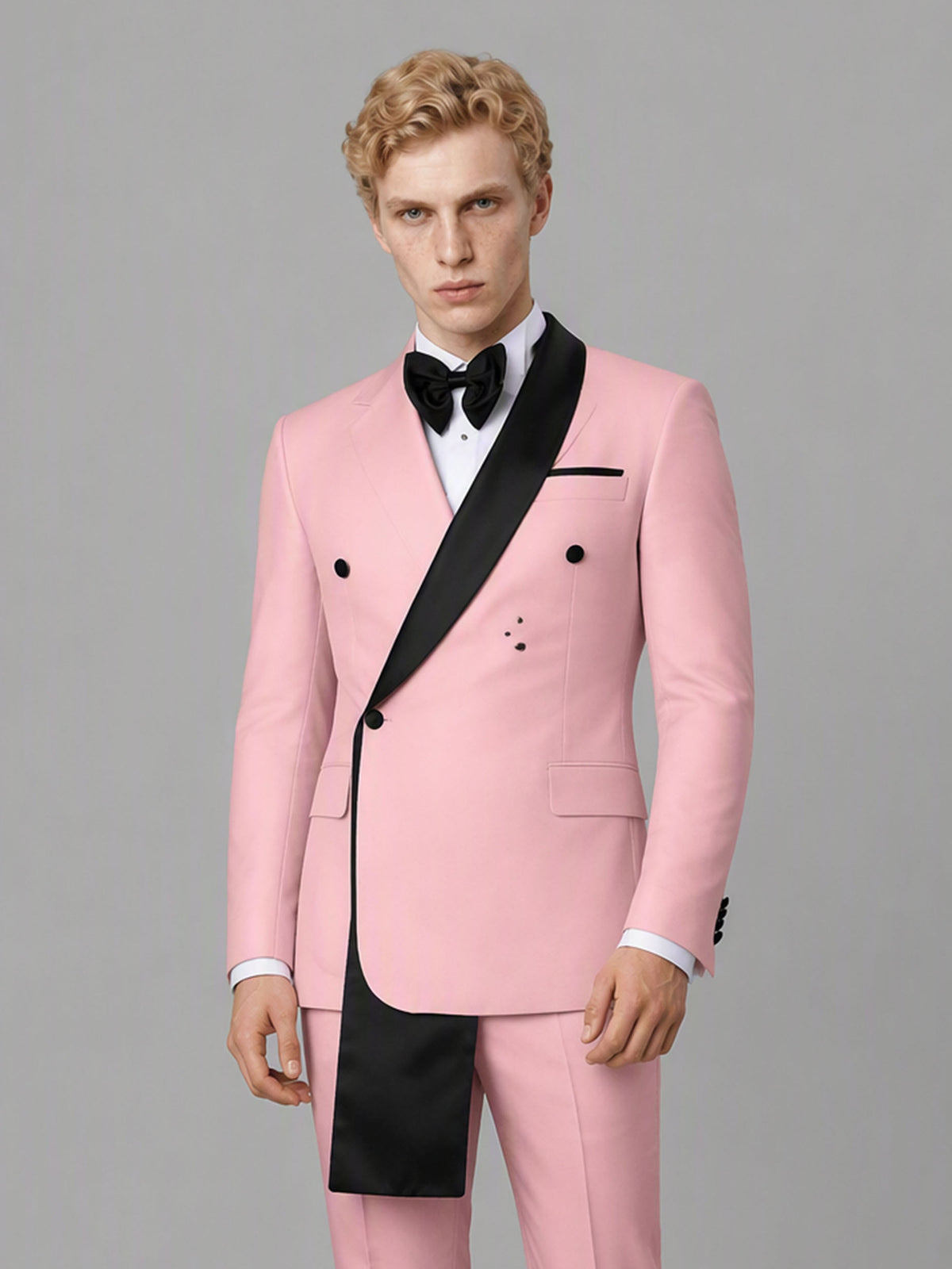 Savile GA0172 Men's Pink Double-Breasted Black Satin Shawl Lapel Tuxedo – Front Full Body Walking Pose with Black Patent Loafers