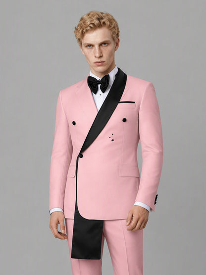 Savile GA0172 Men's Pink Double-Breasted Black Satin Shawl Lapel Tuxedo – Front Full Body Walking Pose with Black Patent Loafers