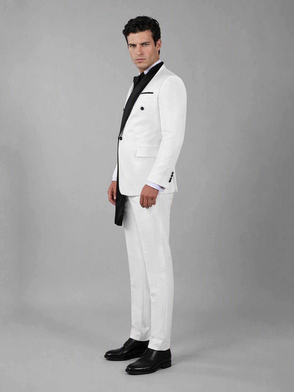 Savile GA0172 Men's White Double-Breasted Black Satin Shawl Lapel Tuxedo – Front Close-Up with Black Bow Tie & Cascading Shawl Lapel Detail