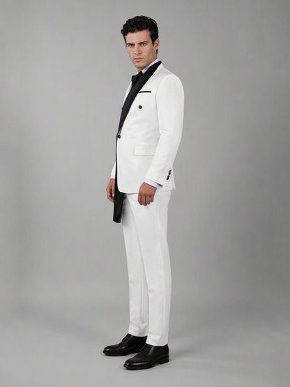 Savile GA0172 Men's White Double-Breasted Black Satin Shawl Lapel Tuxedo – Front Close-Up with Black Bow Tie & Cascading Shawl Lapel Detail