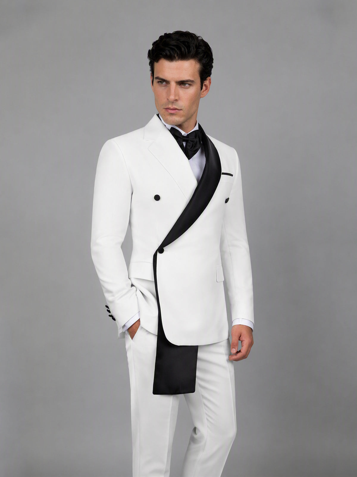 Savile GA0172 Men's White Double-Breasted Black Satin Shawl Lapel Tuxedo – Side Profile View with Black Oxford Shoes