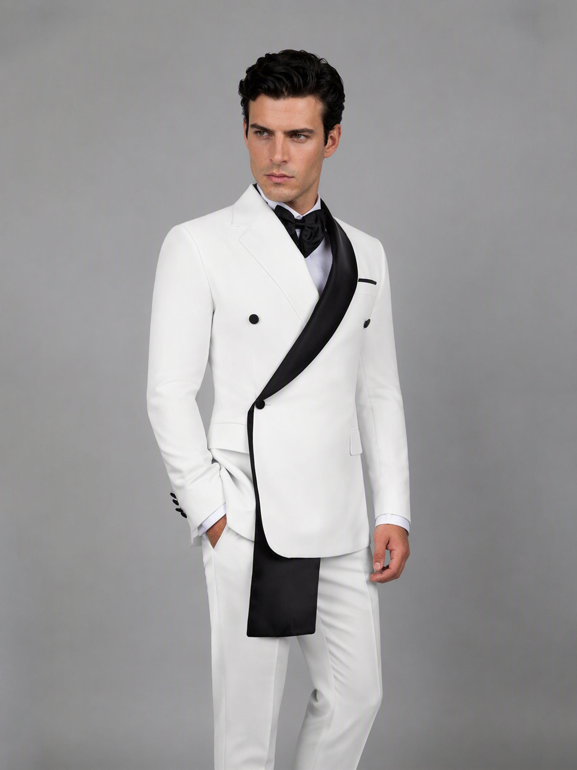 Savile GA0172 Men's White Double-Breasted Black Satin Shawl Lapel Tuxedo – Side Profile View with Black Oxford Shoes