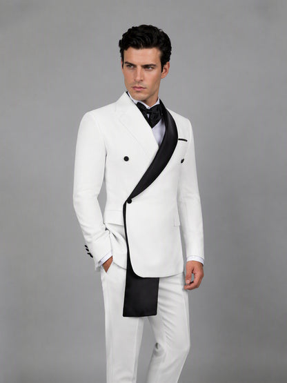 Savile GA0172 Men's White Double-Breasted Black Satin Shawl Lapel Tuxedo – Side Profile View with Black Oxford Shoes