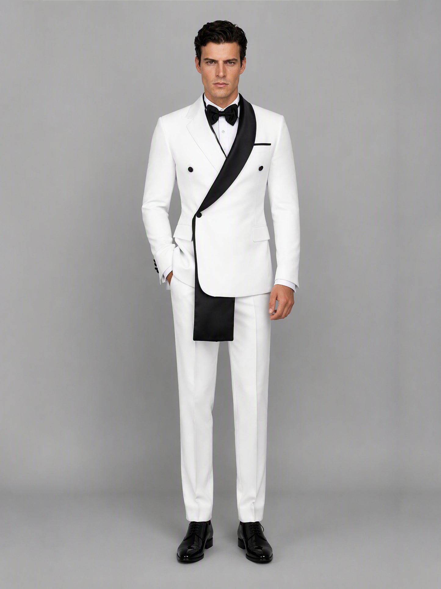 Savile GA0172 Men's White Double-Breasted Black Satin Shawl Lapel Tuxedo – Front 3/4 View Hand in Pocket with Black Oxford Shoes