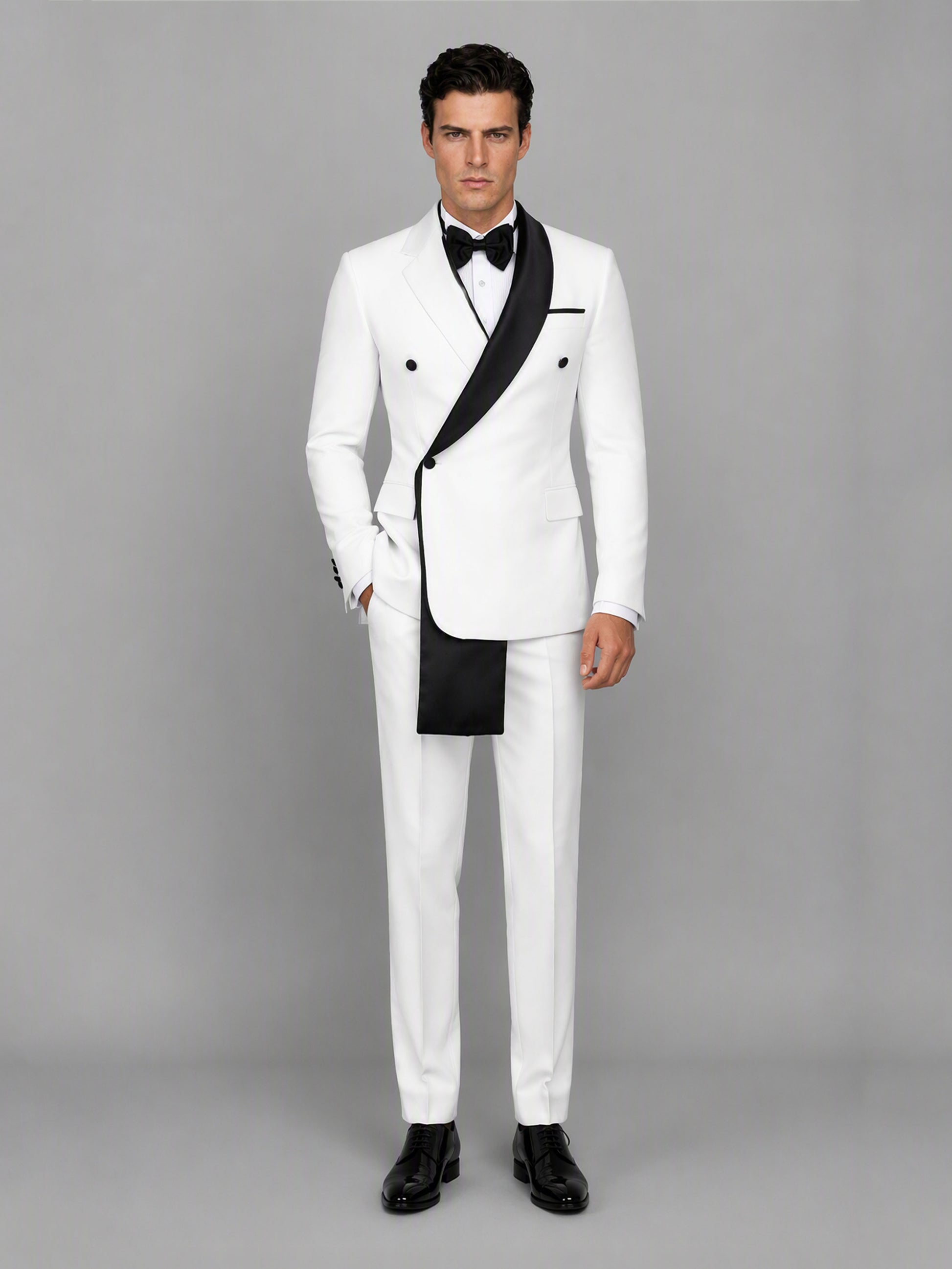 Savile GA0172 Men's White Double-Breasted Black Satin Shawl Lapel Tuxedo – Front 3/4 View Hand in Pocket with Black Oxford Shoes