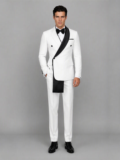 Savile GA0172 Men's White Double-Breasted Black Satin Shawl Lapel Tuxedo – Front 3/4 View Hand in Pocket with Black Oxford Shoes