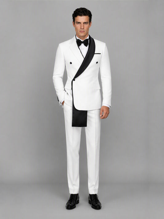 Savile GA0172 Men's White Double-Breasted Black Satin Shawl Lapel Tuxedo – Front 3/4 View Hand in Pocket with Black Oxford Shoes
