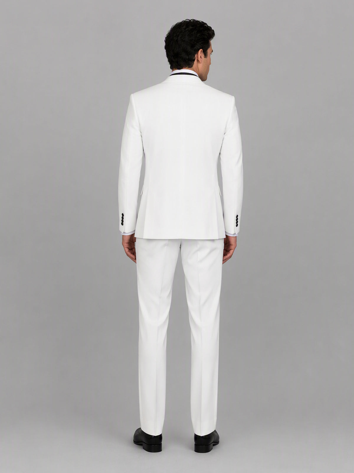 Savile GA0172 Men's White Double-Breasted Black Satin Shawl Lapel Tuxedo – Front Full Body View with Black Bow Tie & Black Oxford Shoes