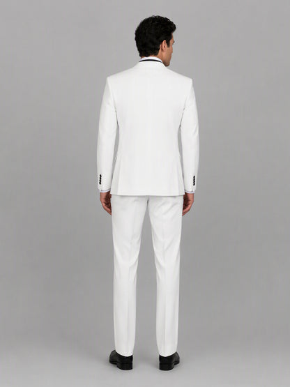Savile GA0172 Men's White Double-Breasted Black Satin Shawl Lapel Tuxedo – Front Full Body View with Black Bow Tie & Black Oxford Shoes