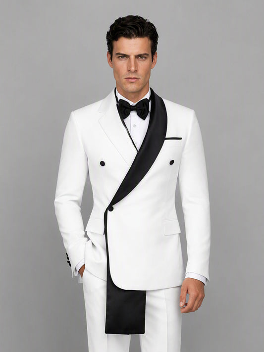 Savile GA0172 Men's White Double-Breasted Black Satin Shawl Lapel Tuxedo – Back View with Black Oxford Shoes