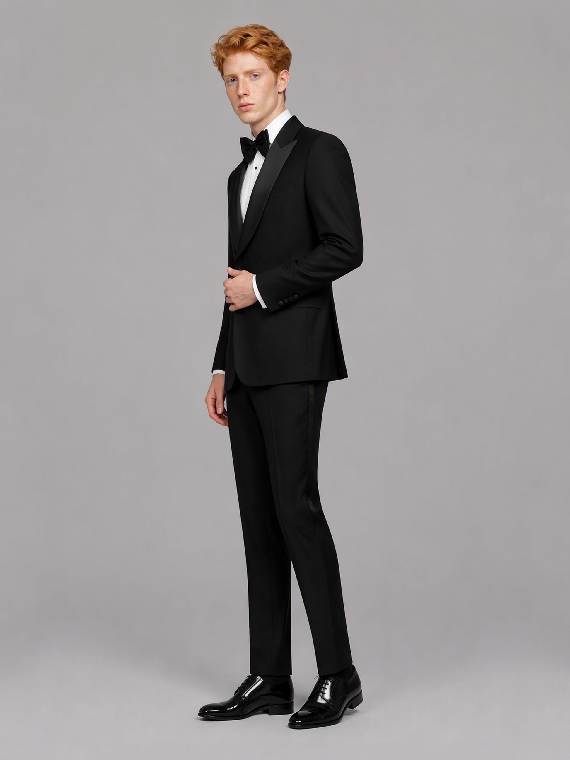 Savile GA0173 Men's Black Double-Breasted Black Satin Shawl Lapel Tuxedo – Front Close-Up with Black Bow Tie & Cascading Satin Shawl Lapel Detail