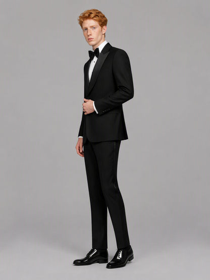 Savile GA0173 Men's Black Double-Breasted Black Satin Shawl Lapel Tuxedo – Front Close-Up with Black Bow Tie & Cascading Satin Shawl Lapel Detail