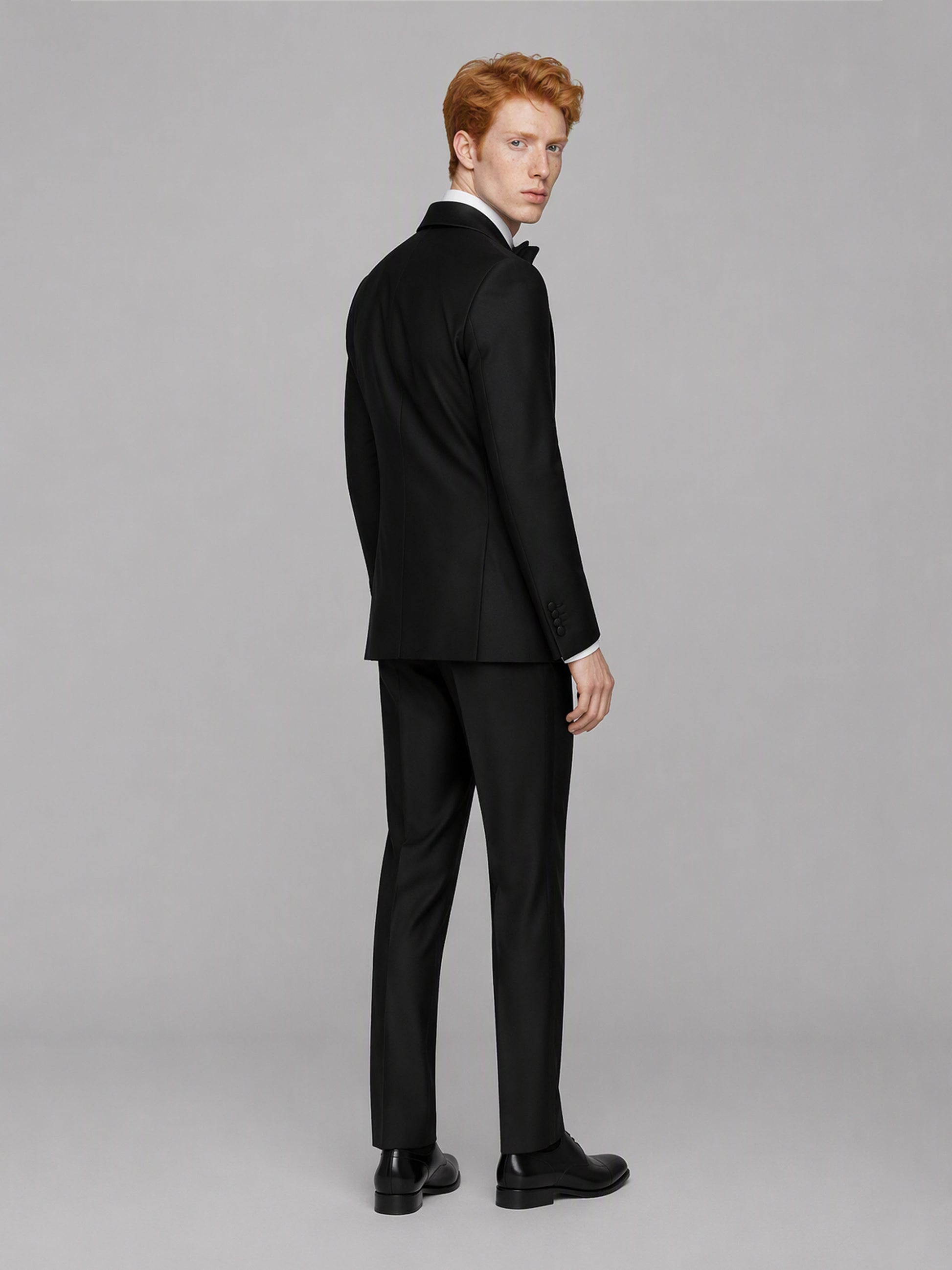 Savile GA0173 Men's Black Double-Breasted Black Satin Shawl Lapel Tuxedo – Side Profile View with Black Patent Oxford Shoes