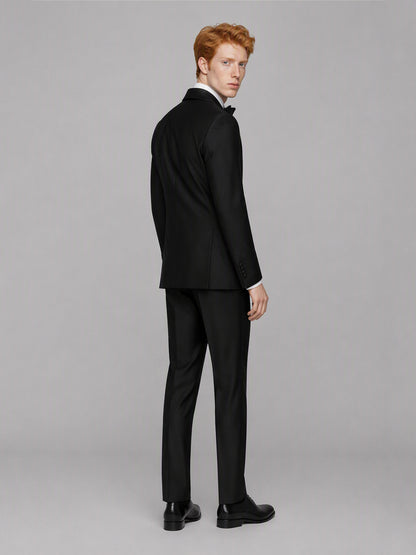 Savile GA0173 Men's Black Double-Breasted Black Satin Shawl Lapel Tuxedo – Side Profile View with Black Patent Oxford Shoes