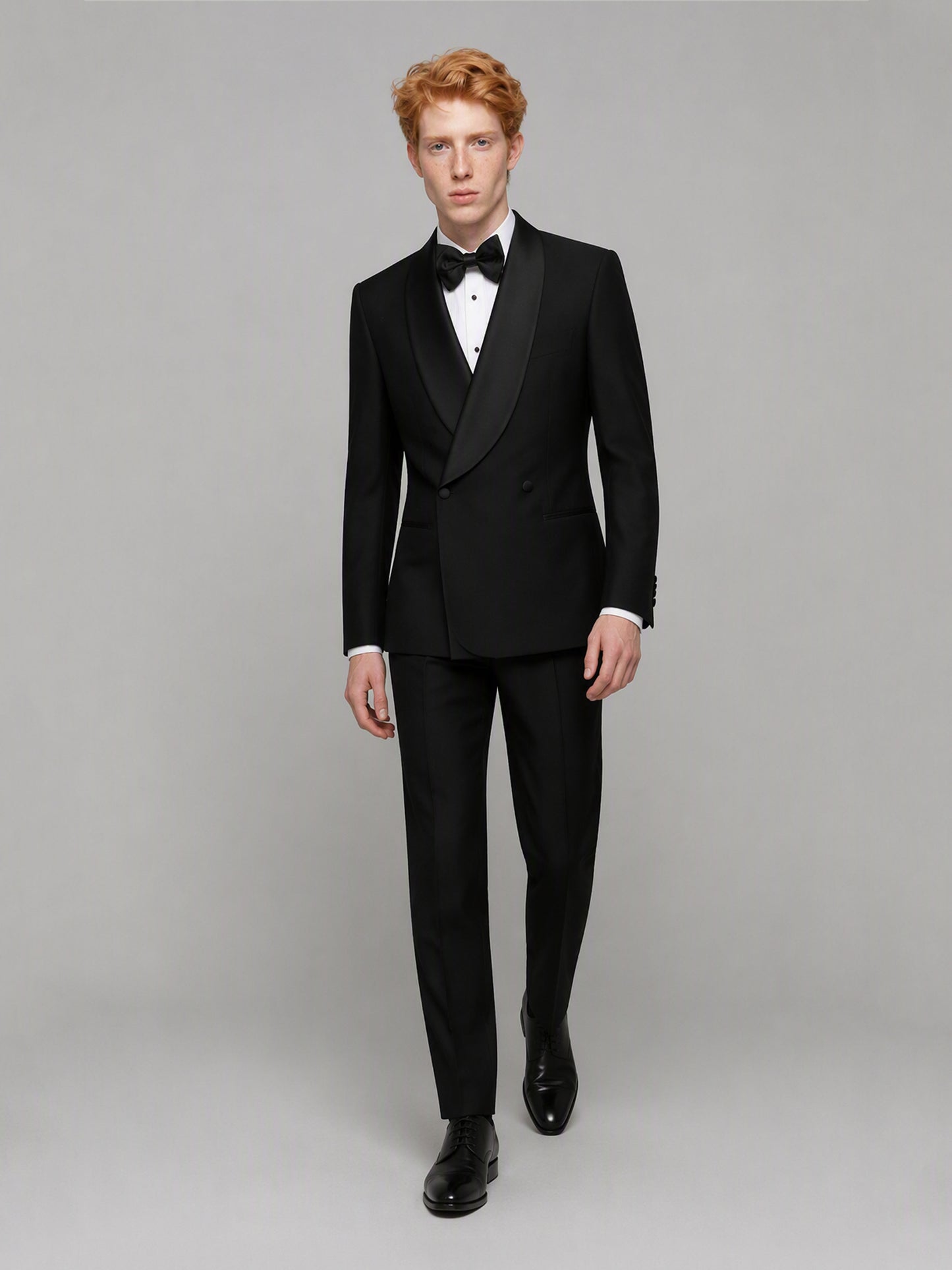 Savile GA0173 Men's Black Double-Breasted Black Satin Shawl Lapel Tuxedo – Back 3/4 View with Black Oxford Shoes