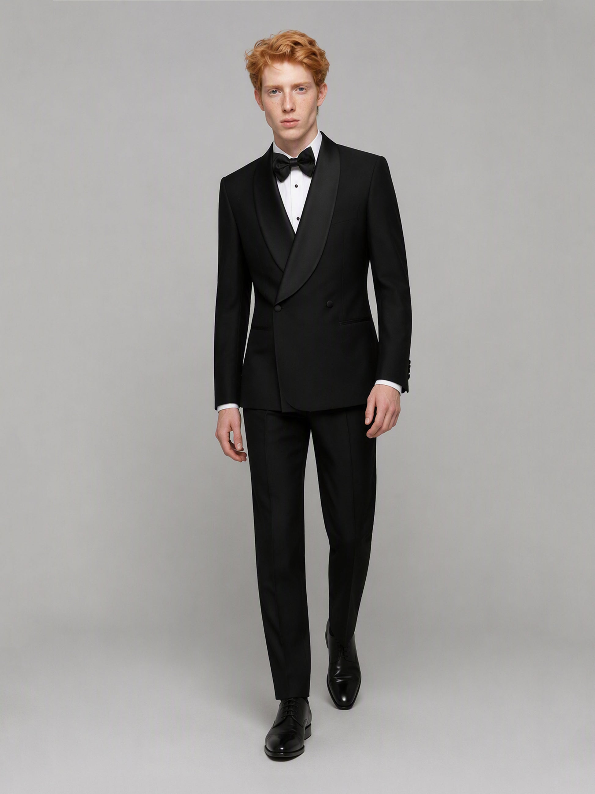 Savile GA0173 Men's Black Double-Breasted Black Satin Shawl Lapel Tuxedo – Back 3/4 View with Black Oxford Shoes
